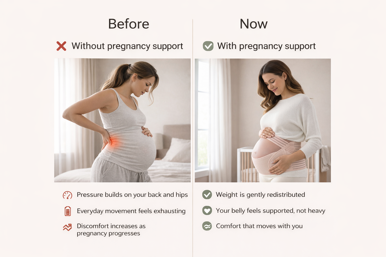 Comparison showing pregnant woman without belly support experiencing back pain and with maternity support belt feeling comfortable and supported