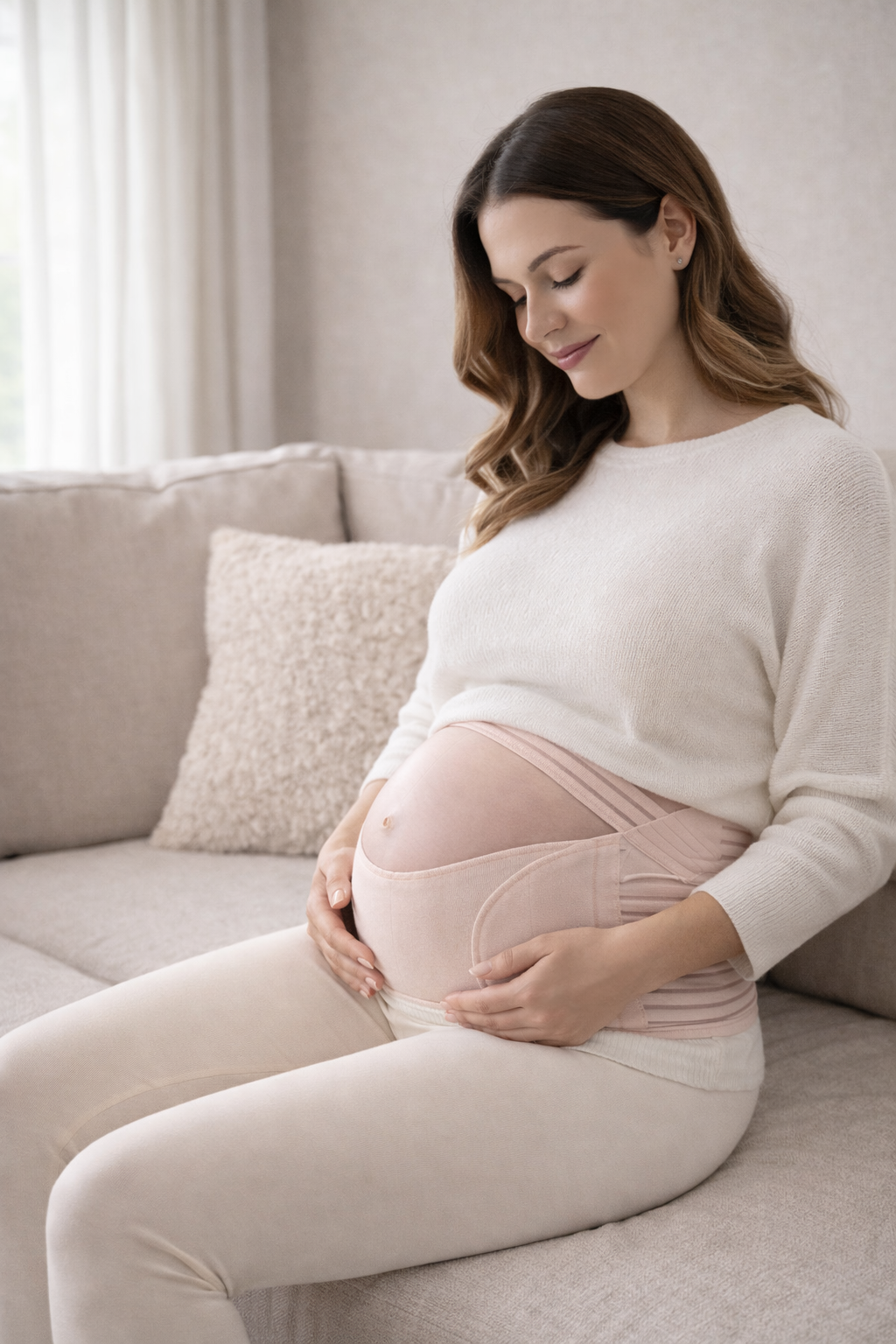 Pregnant woman sitting on sofa wearing maternity belly support band for gentle back relief and comfortable seated support